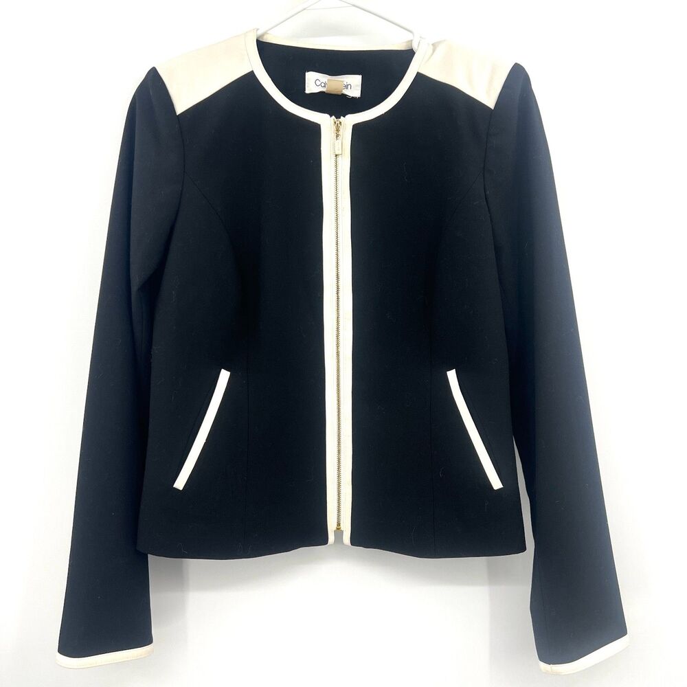 Calvin Klein Womens Size 4 Black Cream Zip Front Collarless Blazer Jacket 4